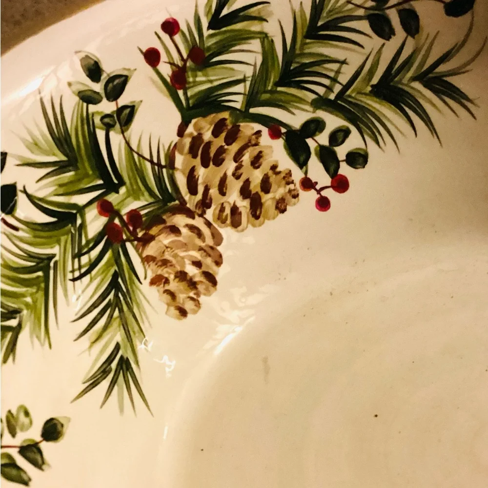 🌲 CERAMIC PINE & BERRIES 13” BOWL SALAD 🥗 PINECONE Large BOWL VNPLVC